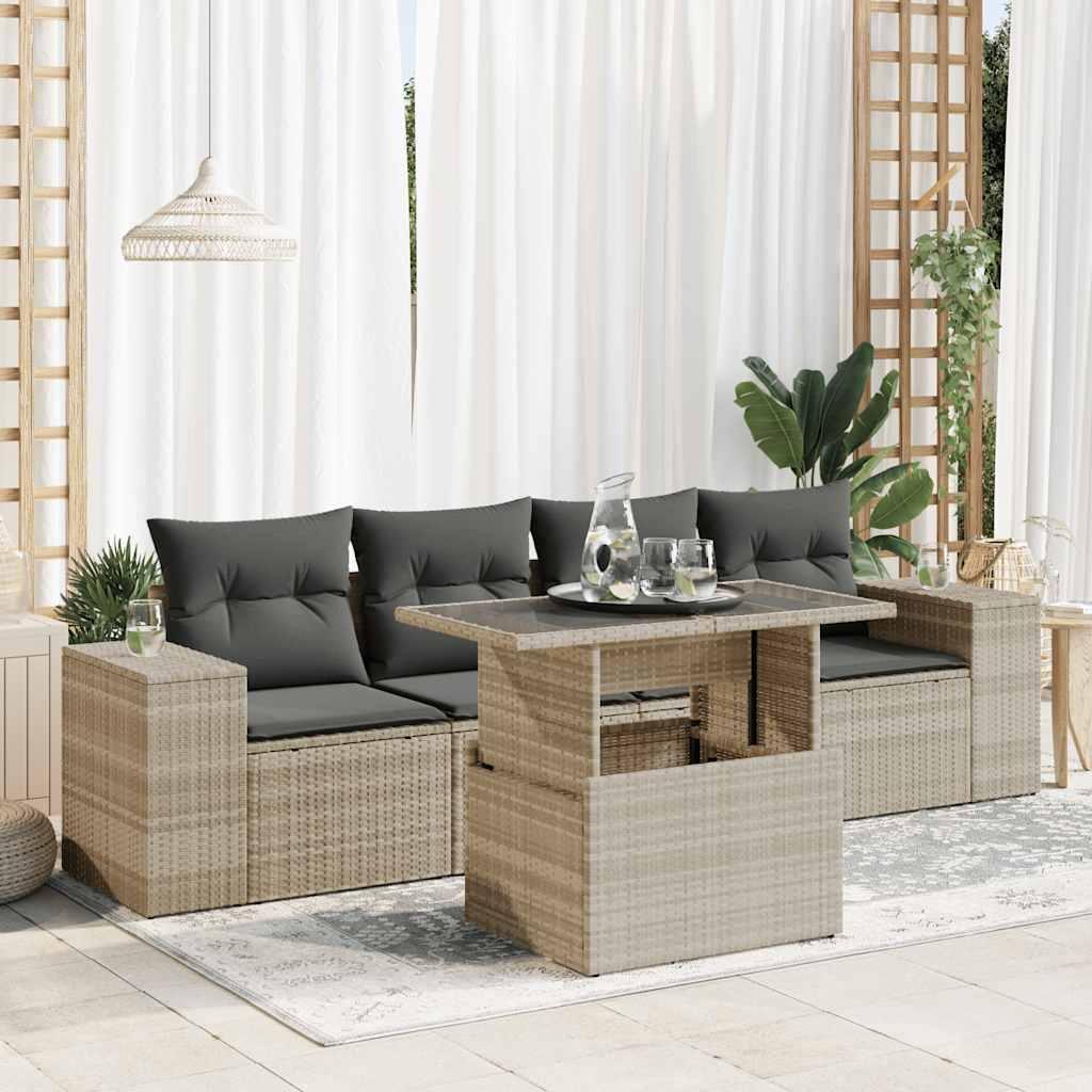 Sofasæt 5 dele med hynder polyrattan lysegrå