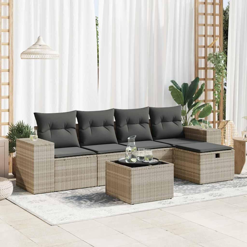 Sofasæt til haven 6 dele med hynder polyrattan lysegrå