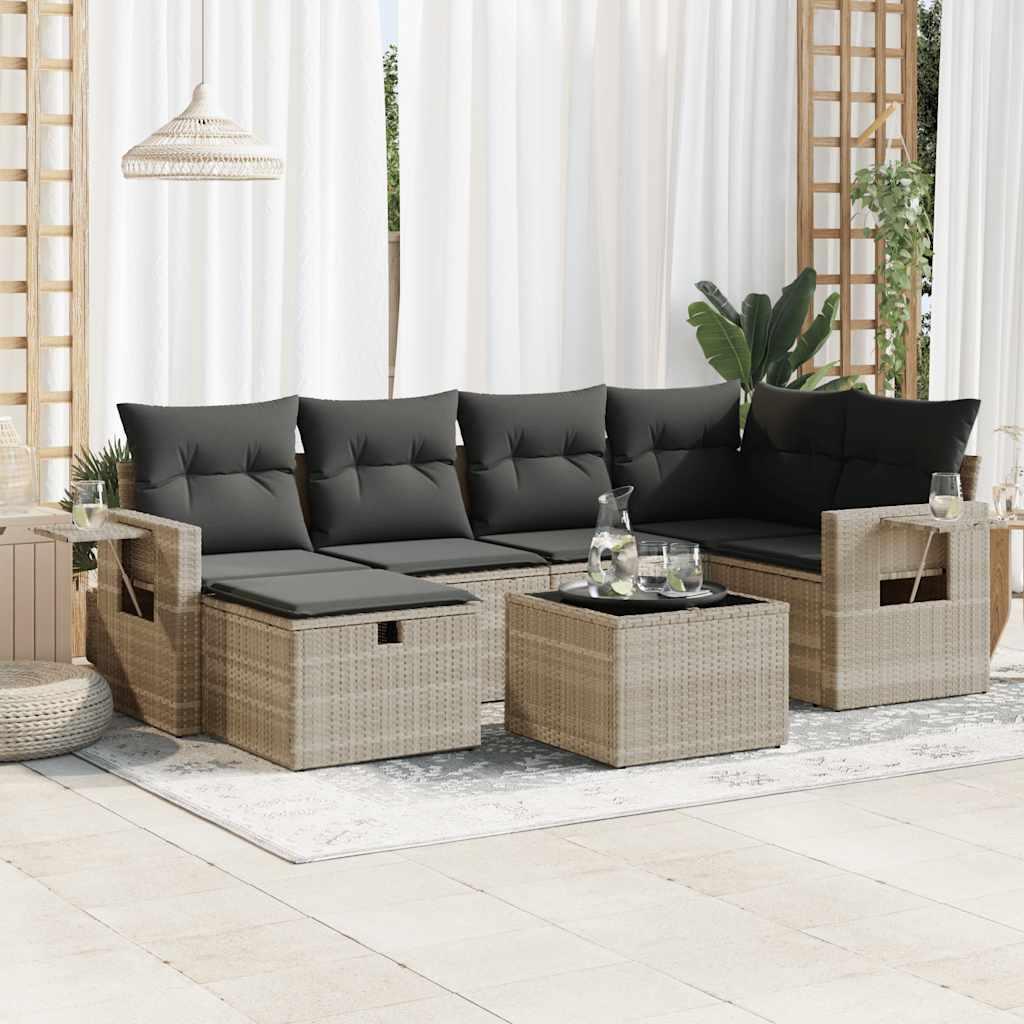 Sofasæt til haven 7 dele med hynder polyrattan lysegrå