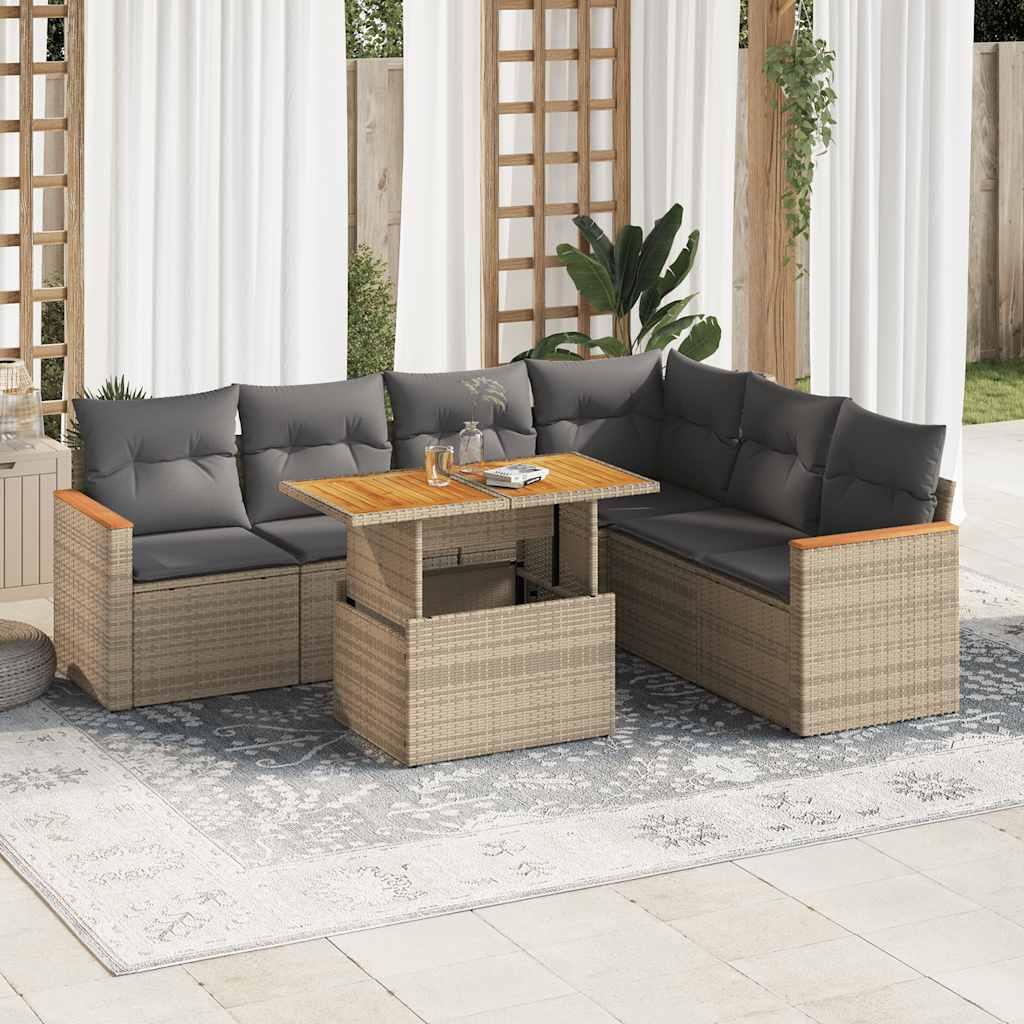 Sofasæt til haven 7 dele med hynder polyrattan akacietræ beige billede