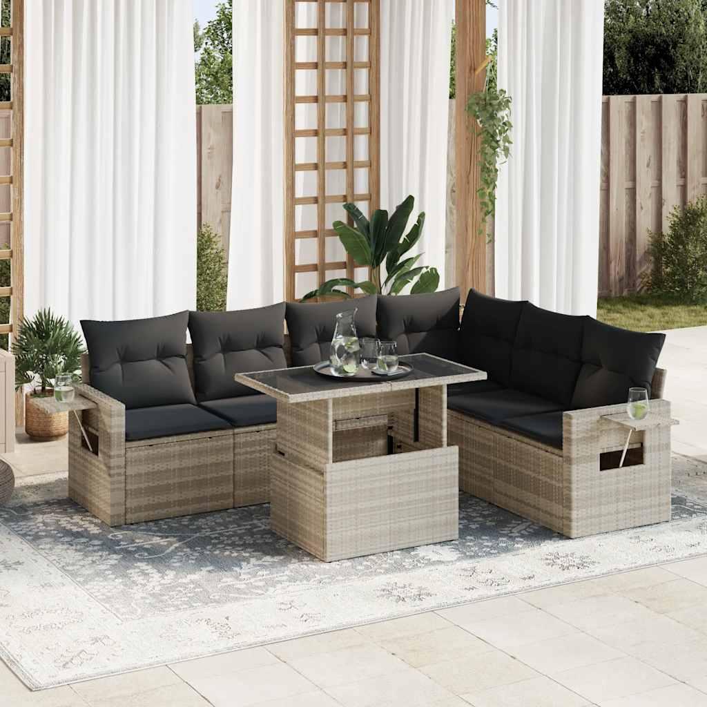 Havesofasæt i polyrattan - 7 dele med hynder, lysegrå