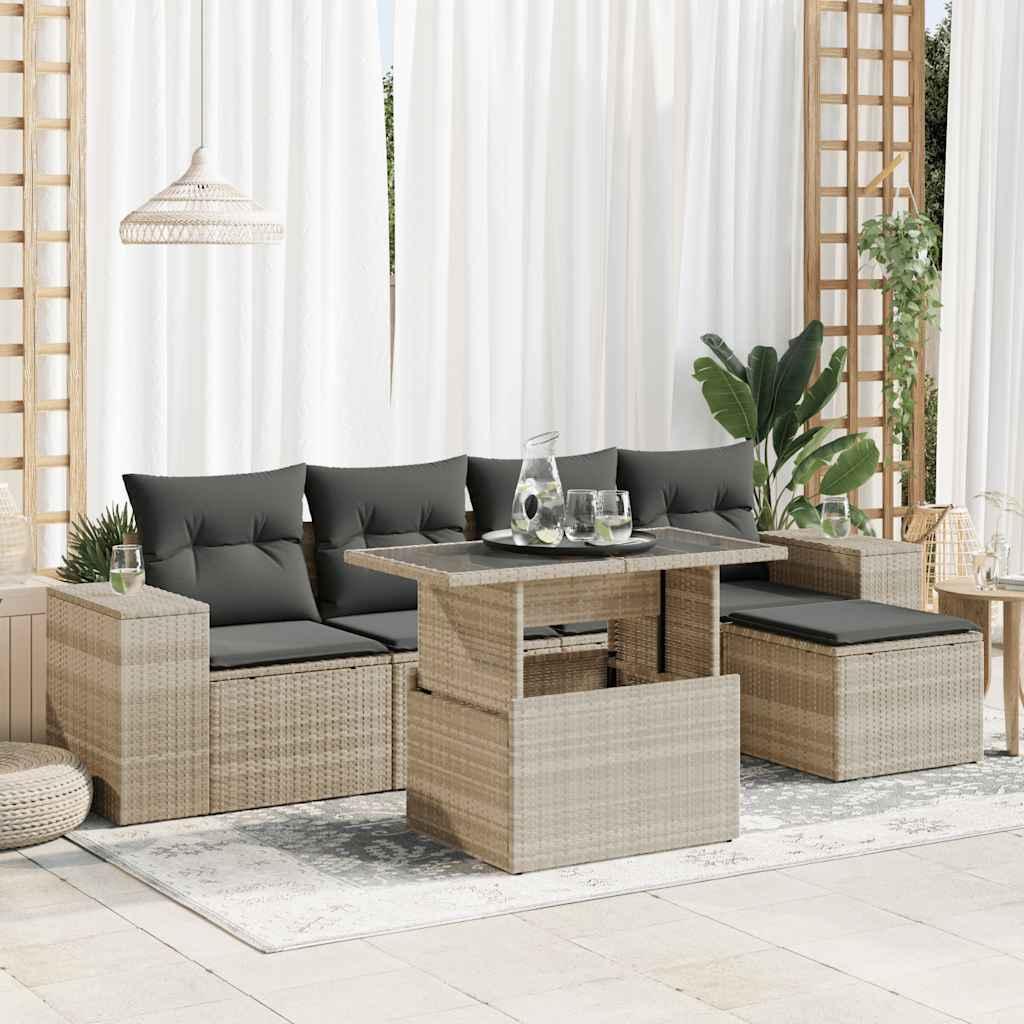 Sofasæt til haven 6 dele med hynder polyrattan lysegrå