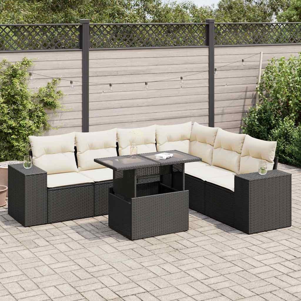 Havesofasæt i polyrattan - 7 dele med hynder, sort