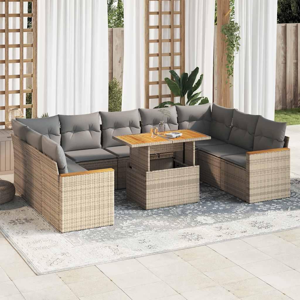 Sofasæt til haven 10 dele med hynder polyrattan akacietræ beige billede