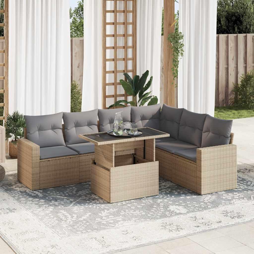 Sofasæt til haven 7 dele med hynder polyrattan beige