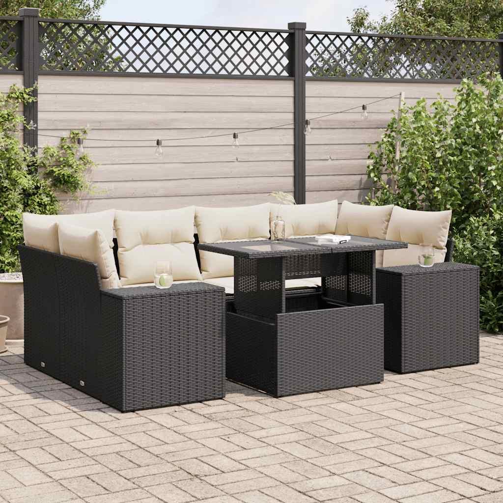 Sofasæt til haven i polyrattan - 7 dele med hynder, sort