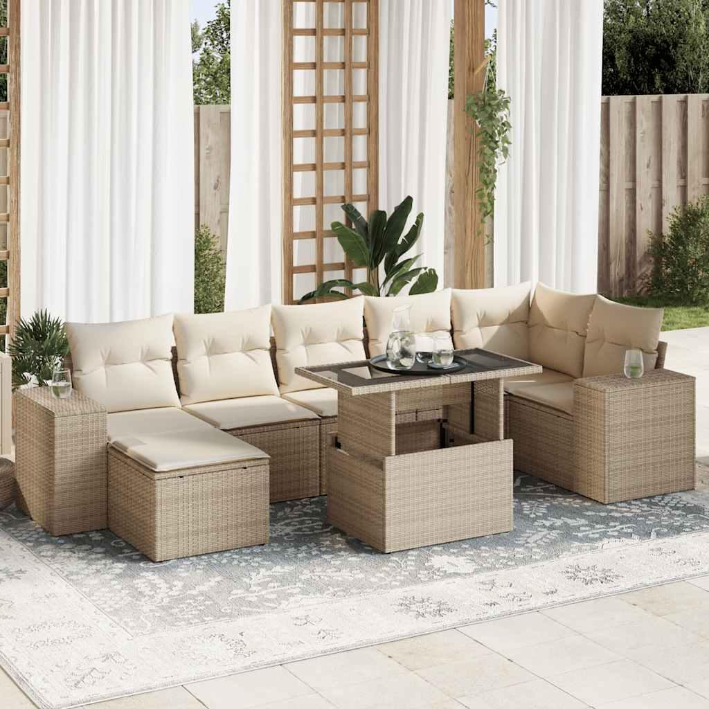 Havesofasæt i polyrattan - 8 dele med hynder, beige billede