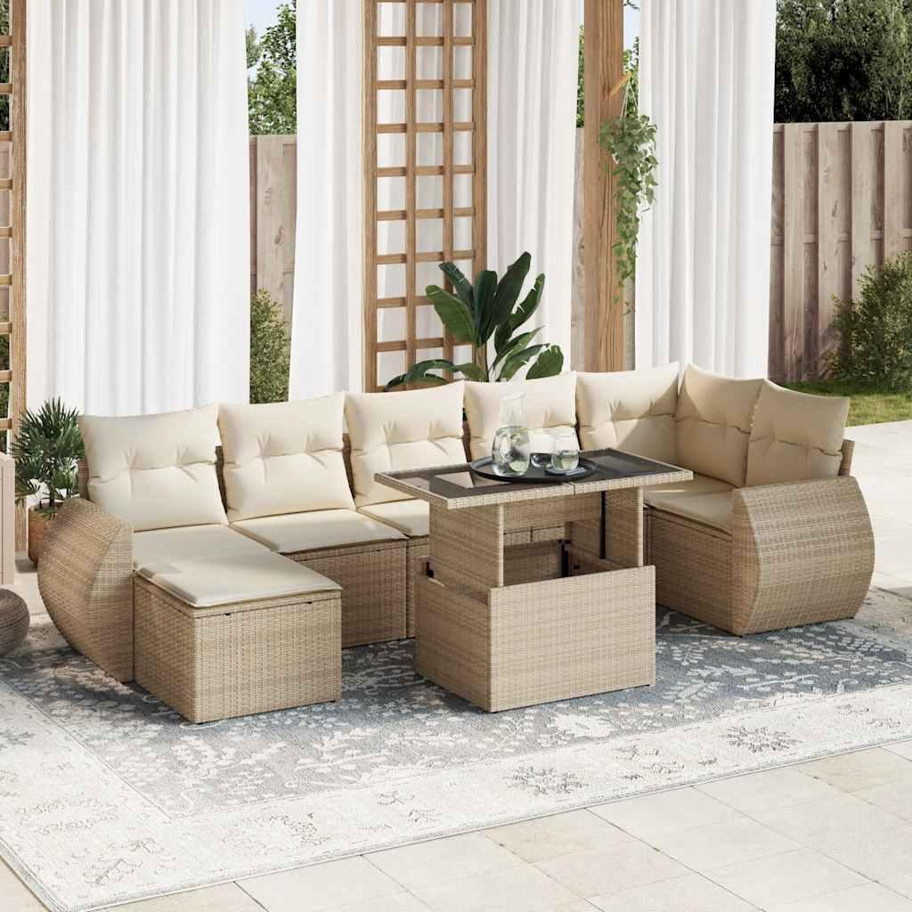 Havesofasæt i polyrattan - 8 dele med hynder, beige billede