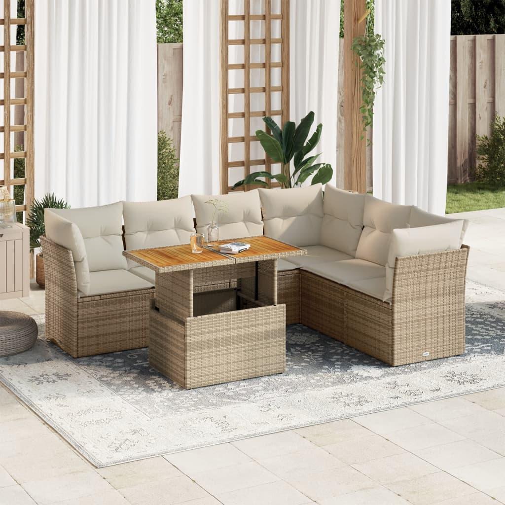 Havesofasæt i polyrattan - 7 dele med hynder, beige billede
