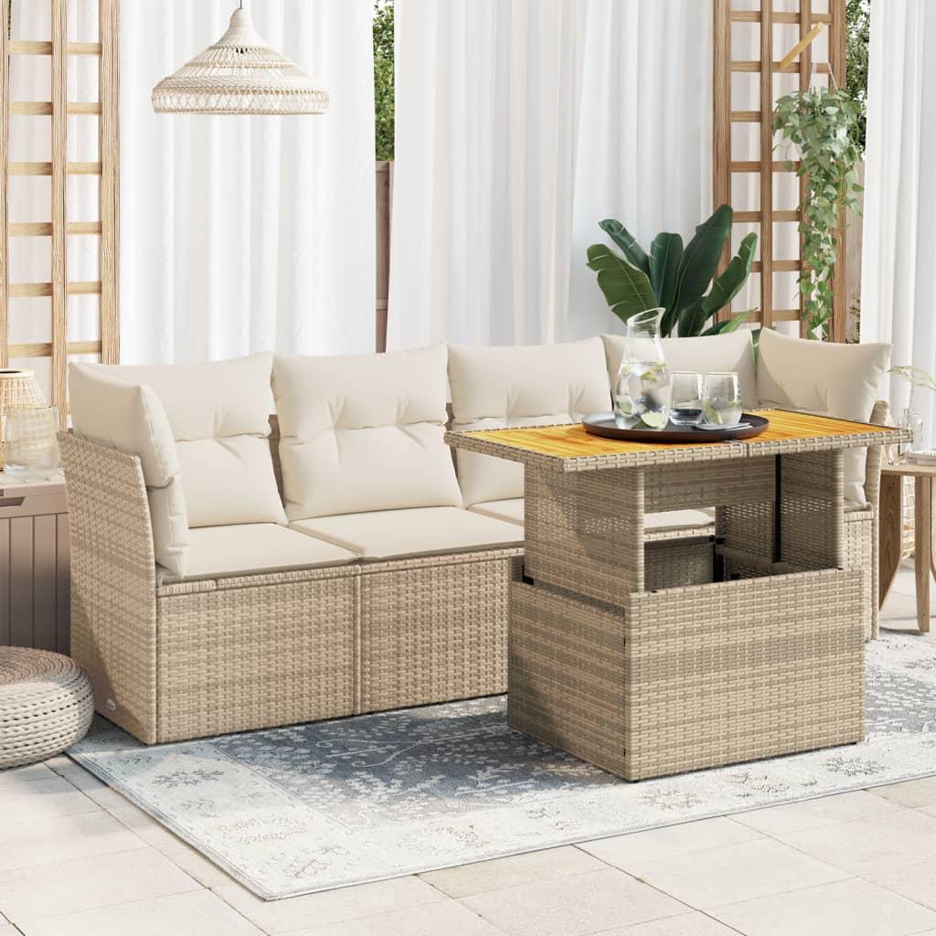 Havesofasæt i polyrattan 5 dele med hynder og opbevaring - beige