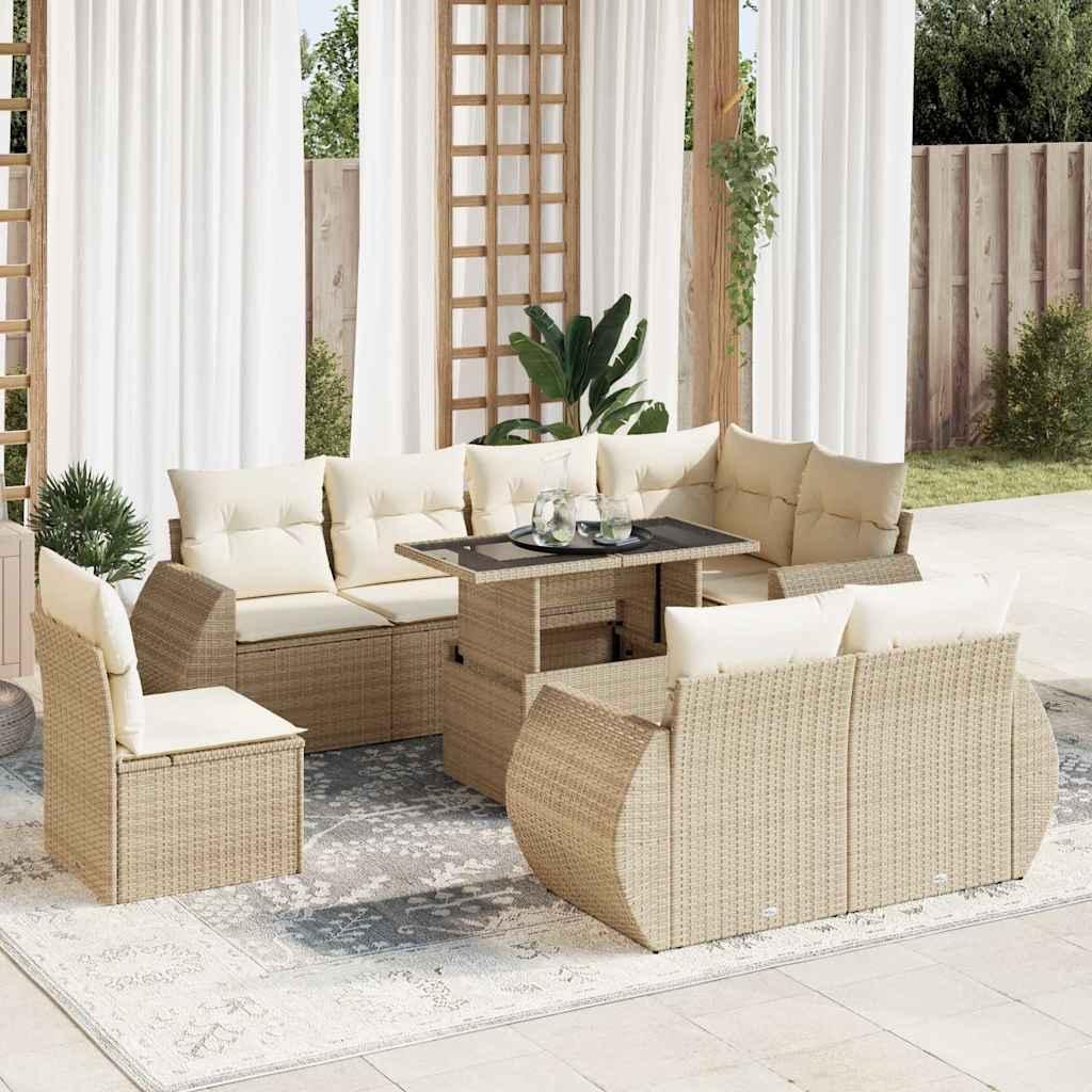 Havesofasæt i polyrattan, 9 dele med hynder - beige