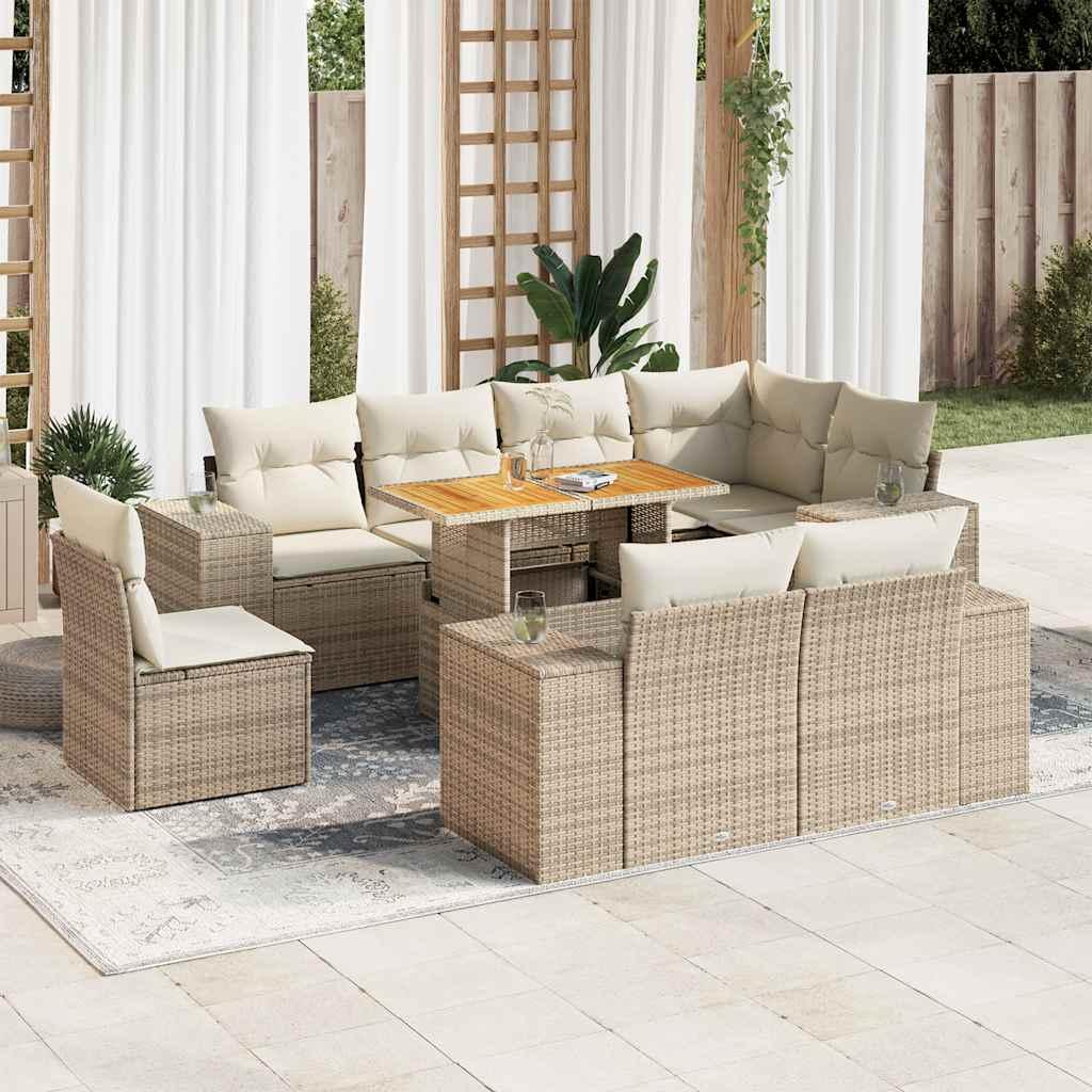 Havesofasæt 9 dele med hynder og opbevaring i polyrattan beige