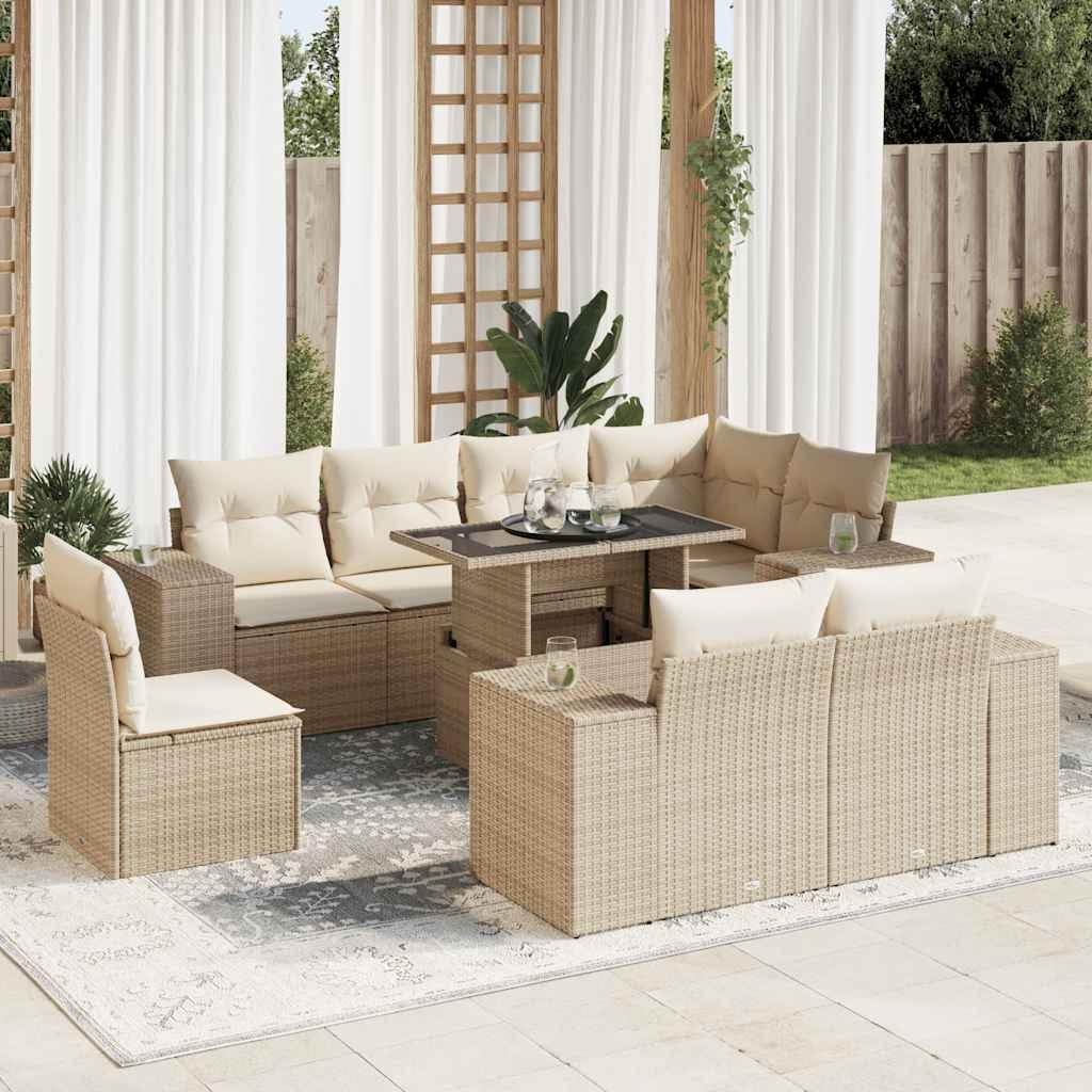 Sofasæt til haven 9 dele med hynder polyrattan beige