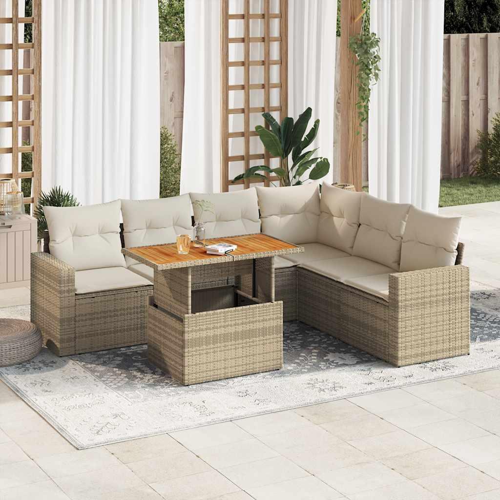 Havesofasæt 7 dele med hynder i polyrattan beige