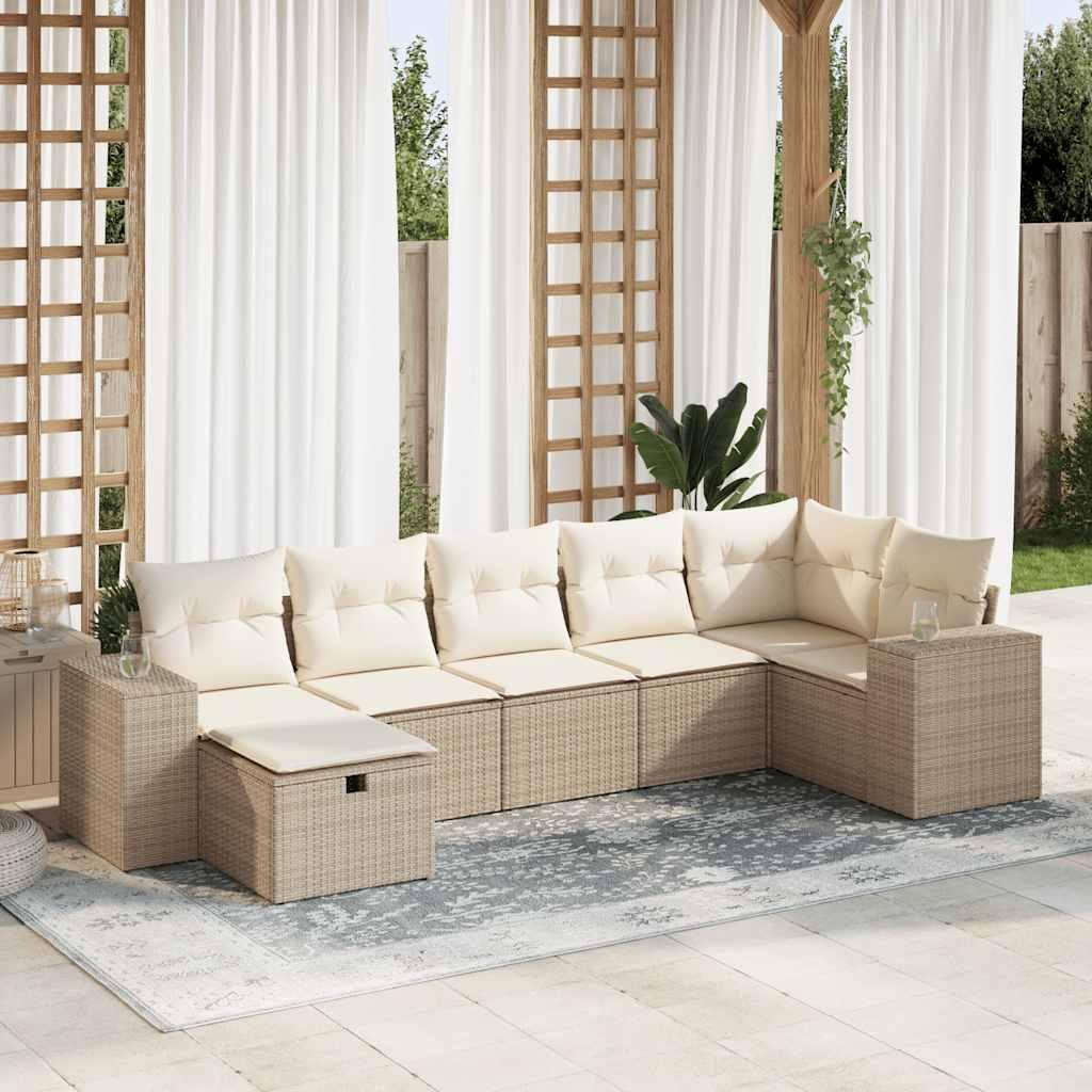 Sofasæt til haven i polyrattan - 7 dele med hynder, beige billede