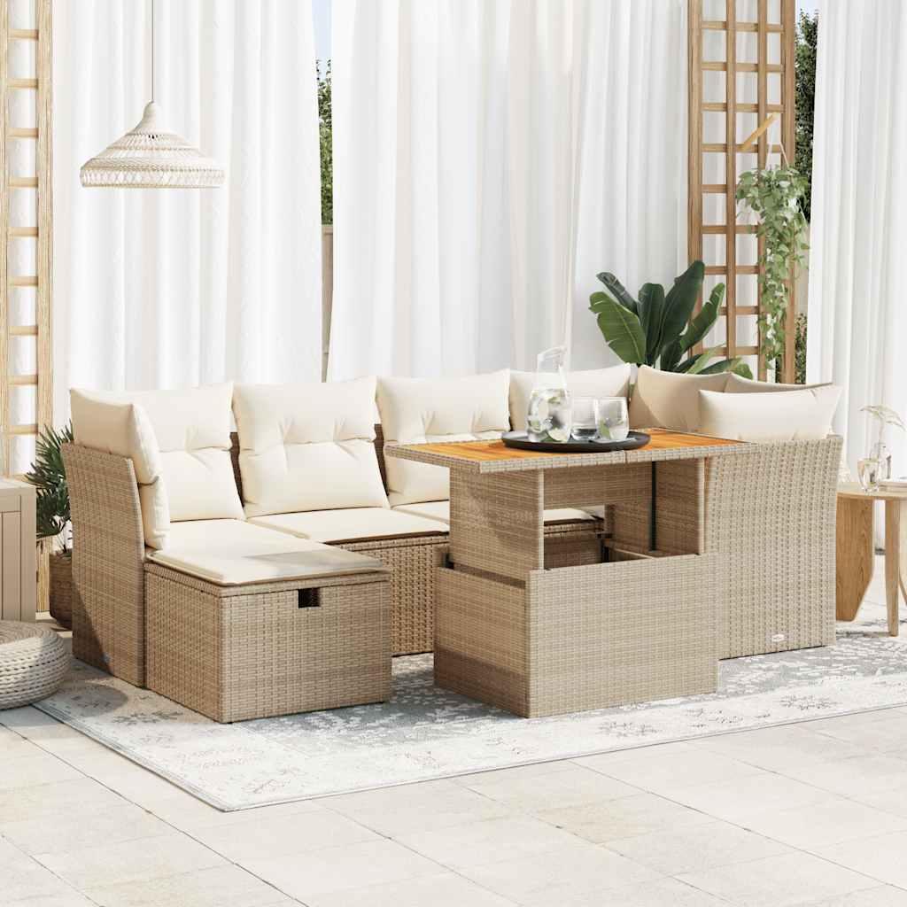 Sofasæt til haven 7 dele med hynder i polyrattan og akacietræ beige