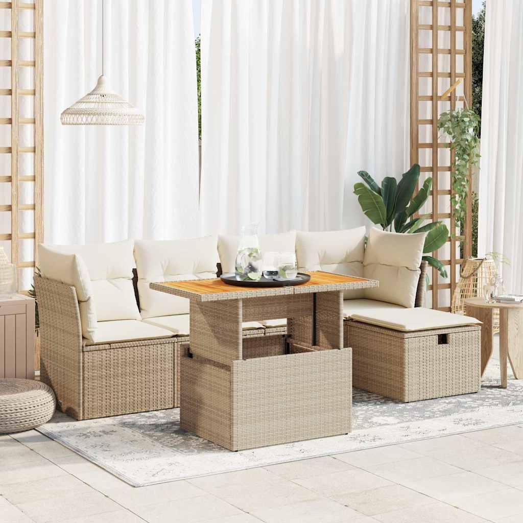 Sofasæt til haven 6 dele med hynder, polyrattan og akacietræ beige