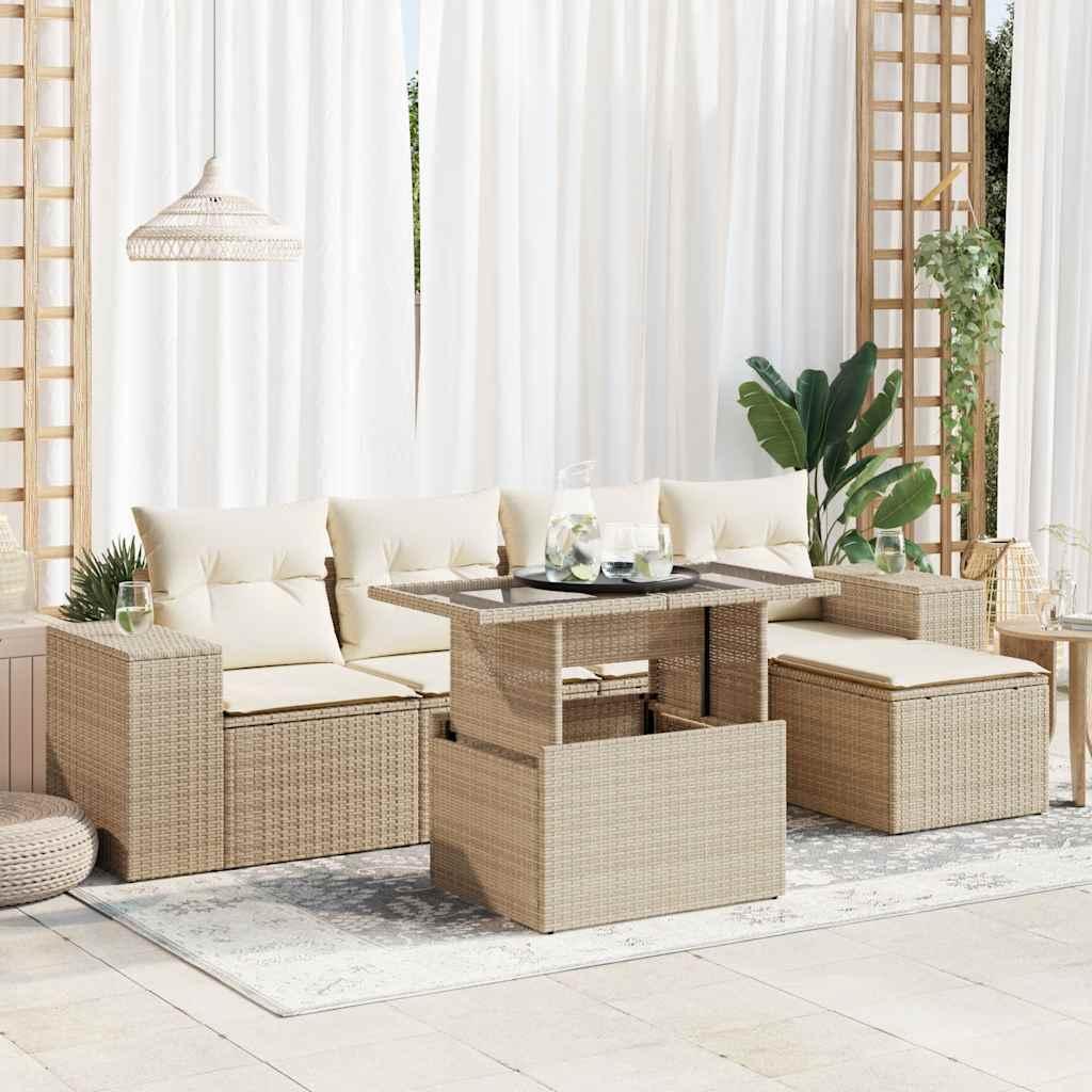 Sofasæt til haven 6 dele med hynder polyrattan beige