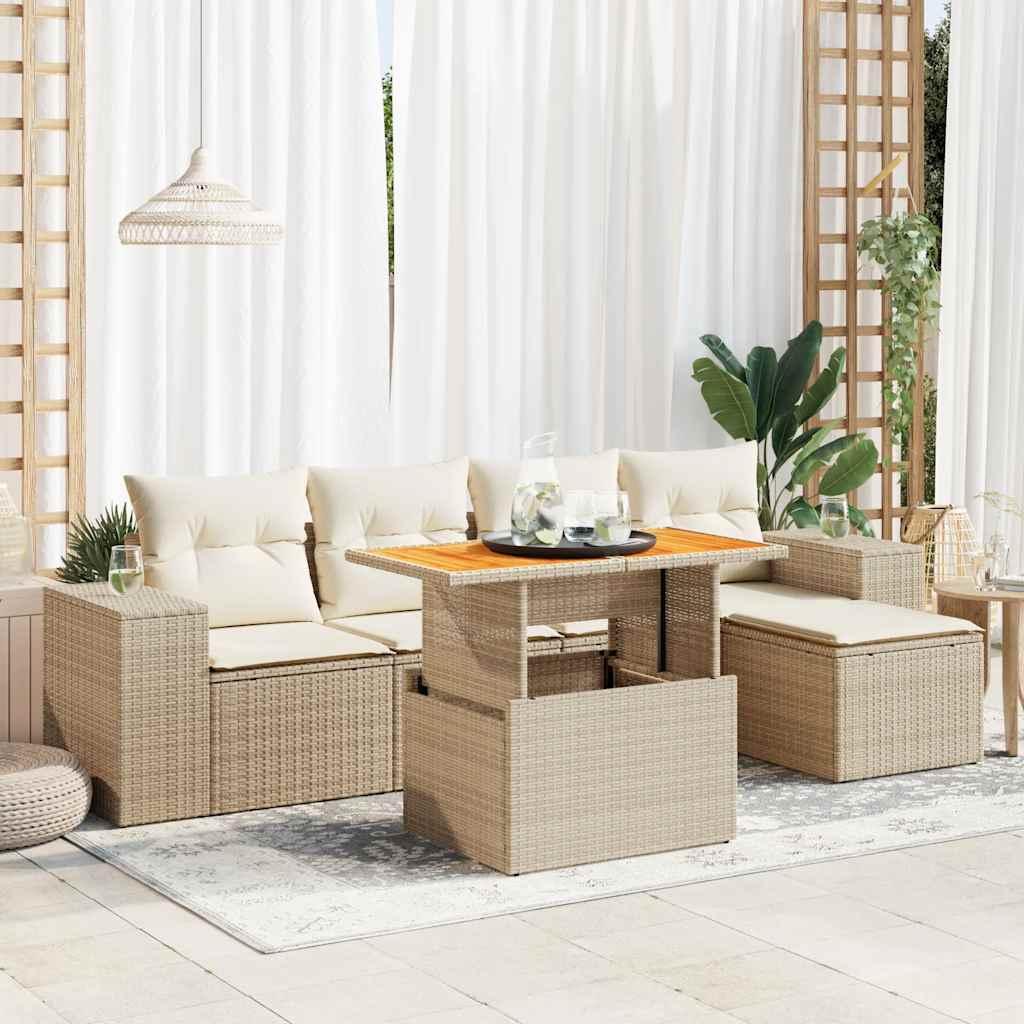 Sofasæt til haven 6 dele med hynder polyrattan beige