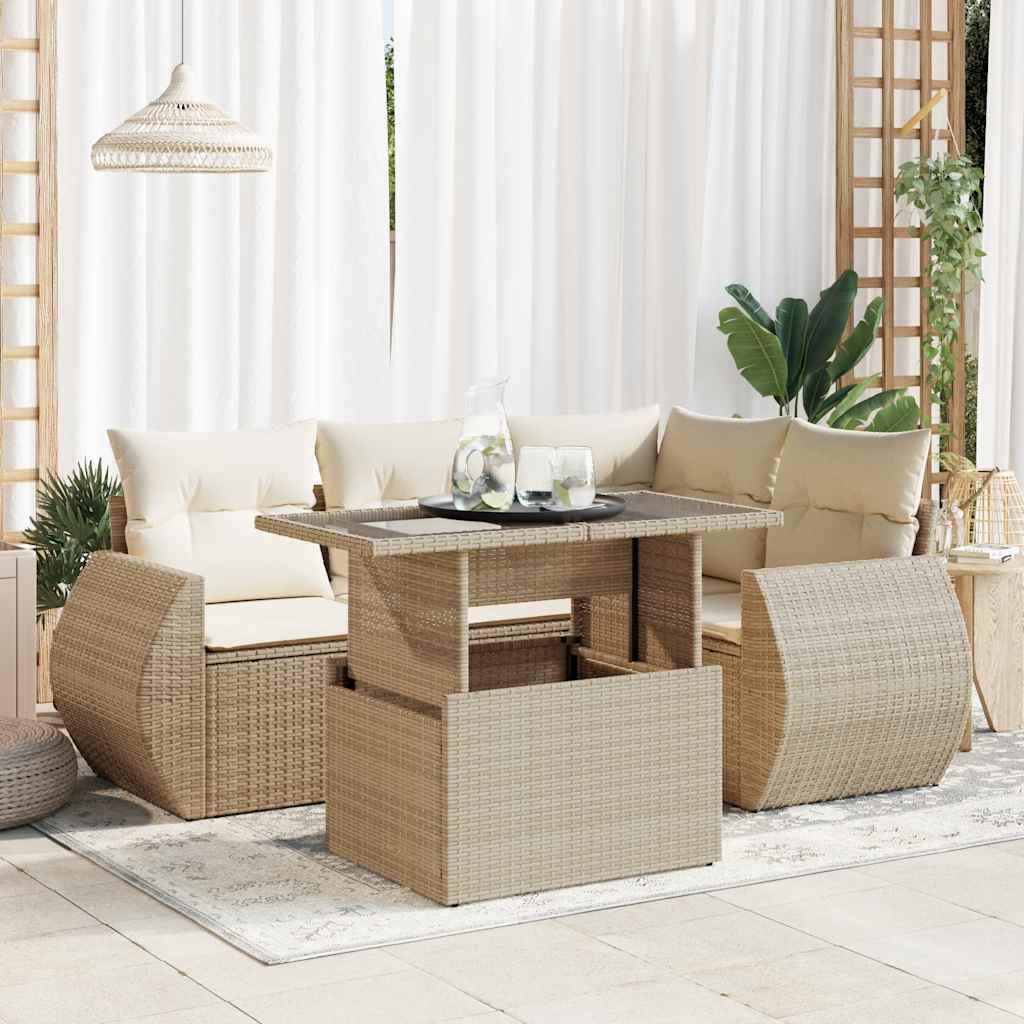 Sofasæt til haven 5 dele med hynder polyrattan beige