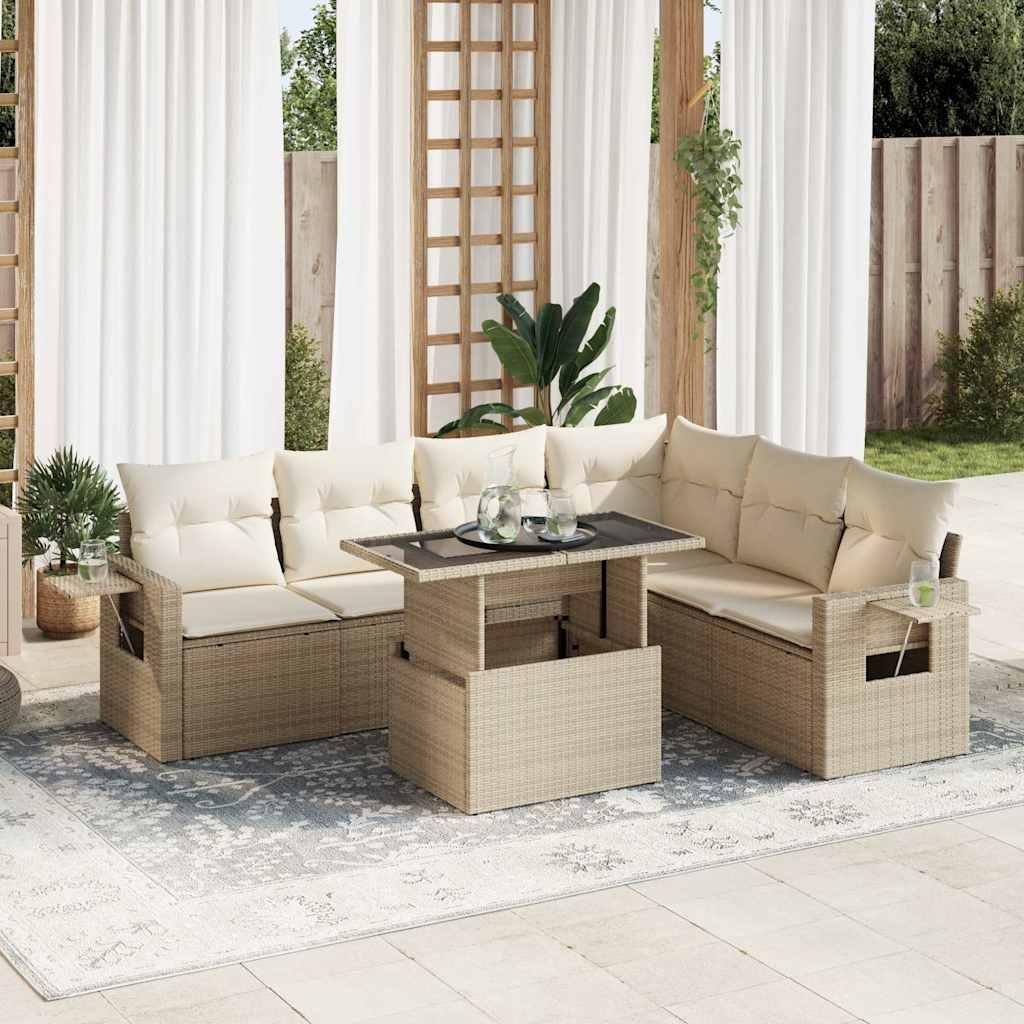 Havesofasæt i polyrattan 7 dele med hynder og bord, beige