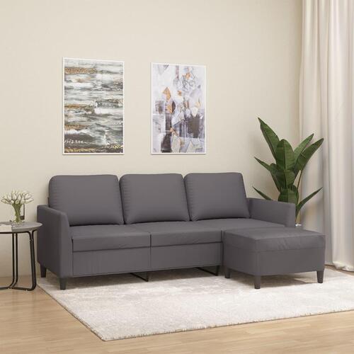 3-personers sofa med fodskammel 180 cm kunstlæder grå