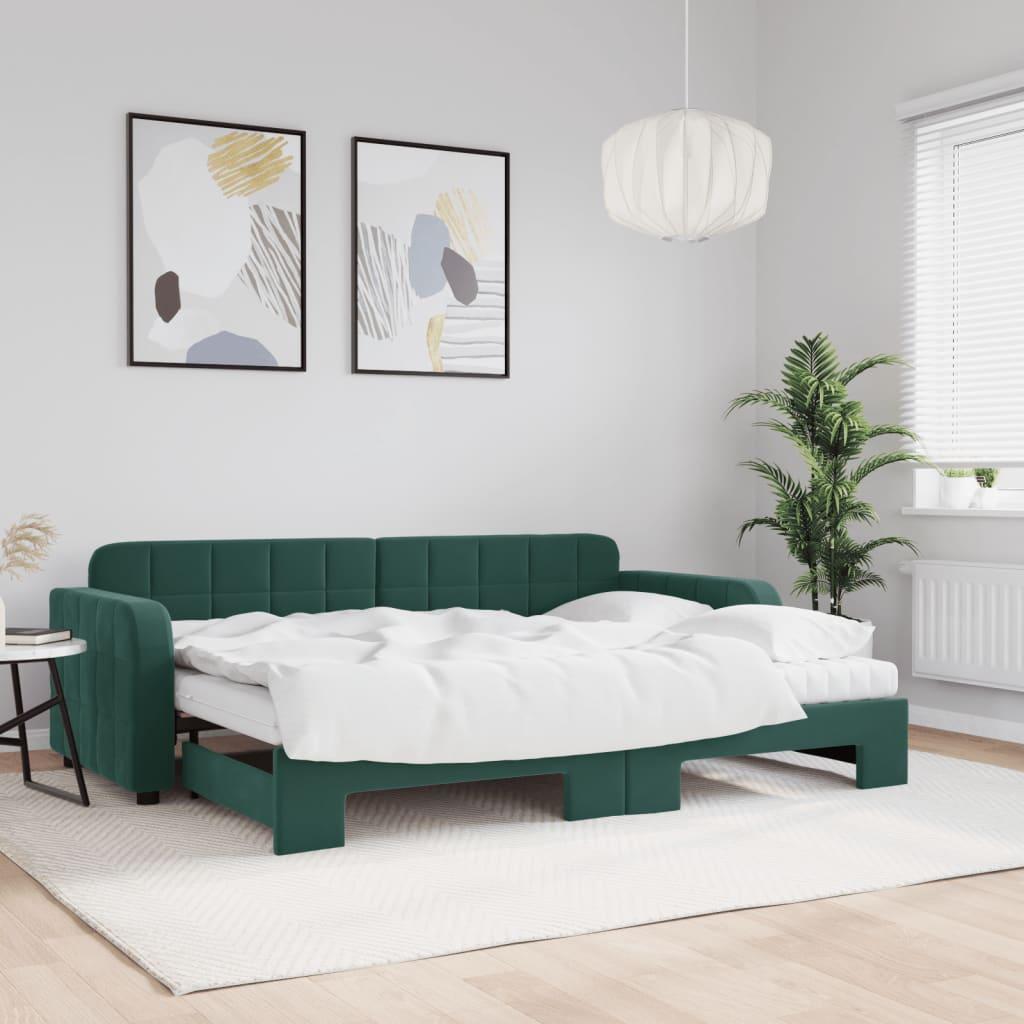 Daybed med udtræk og 2 madrasser 80 x 200 cm velour mørkegrøn