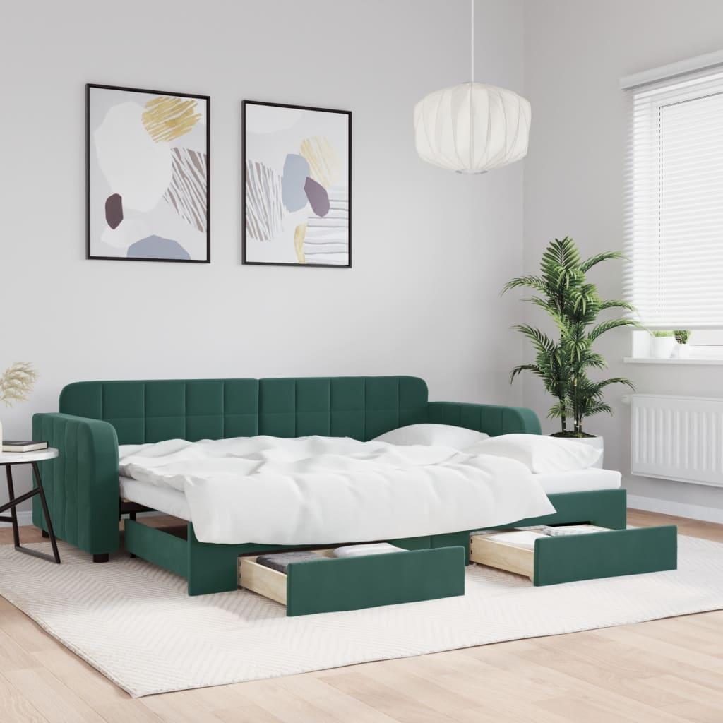 Daybed Velour Mørkegrøn - med udtræk og skuffe / 80 x 200 cm