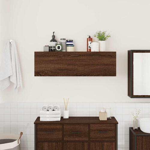 Væghængt badeværelsesskab 100x25x30 cm konstrueret træ brun eg