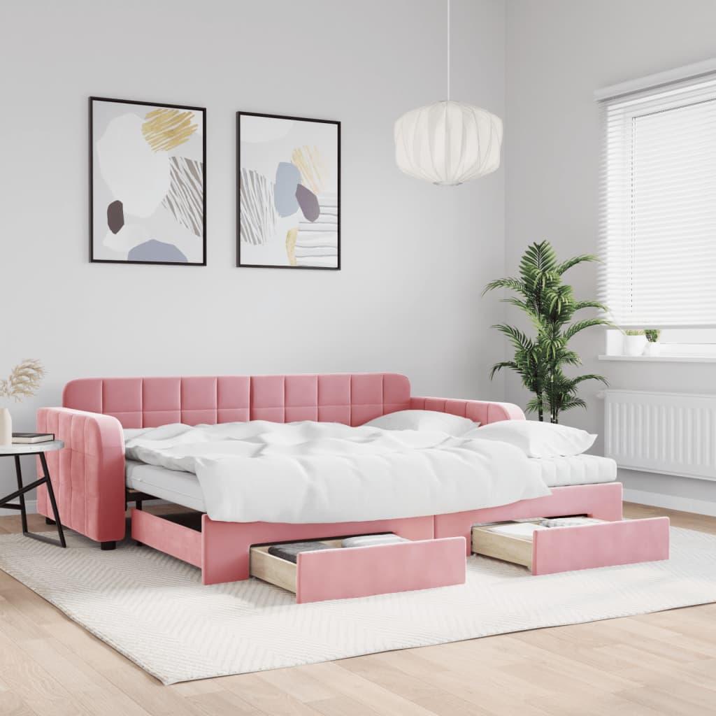 Daybed Velour Pink Lyserød - med udtræk og skuffe og madras / 90 x 200 cm