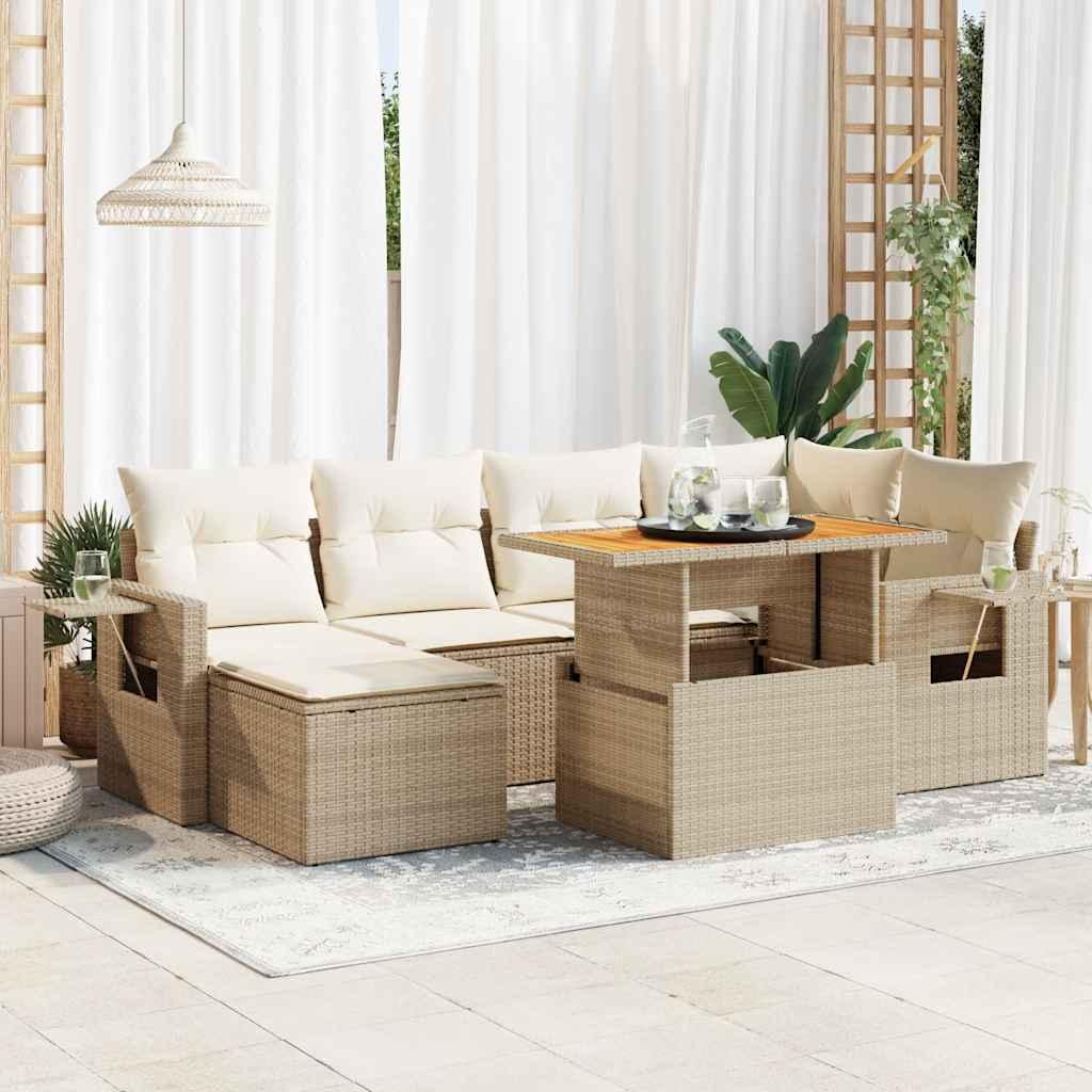 Sofasæt til haven i polyrattan - 7 dele med hynder, beige