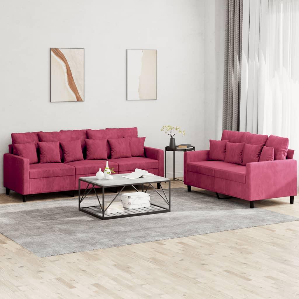 2 personers sofa med hynder velour vinrød