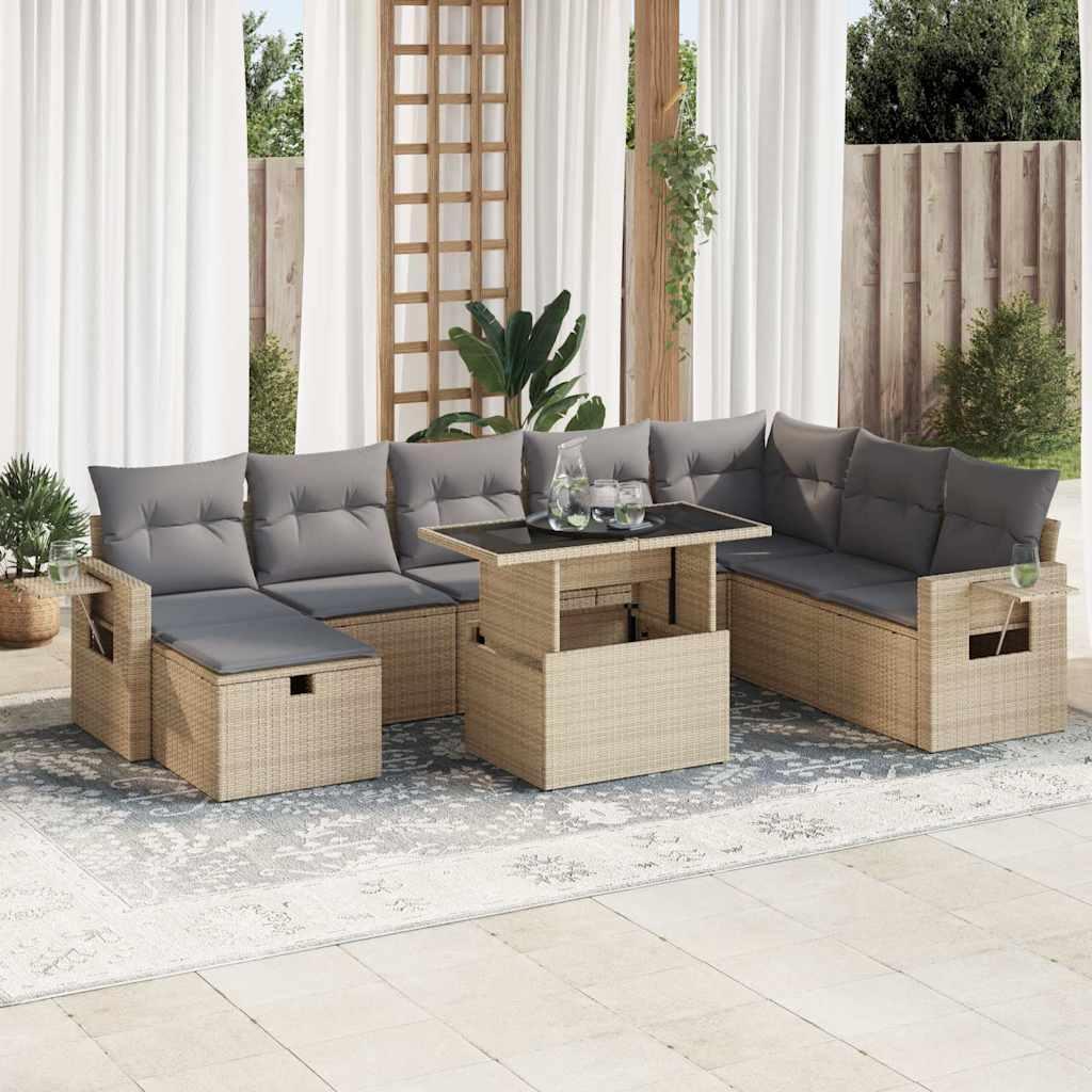 Sofasæt til haven 9 dele med hynder polyrattan beige