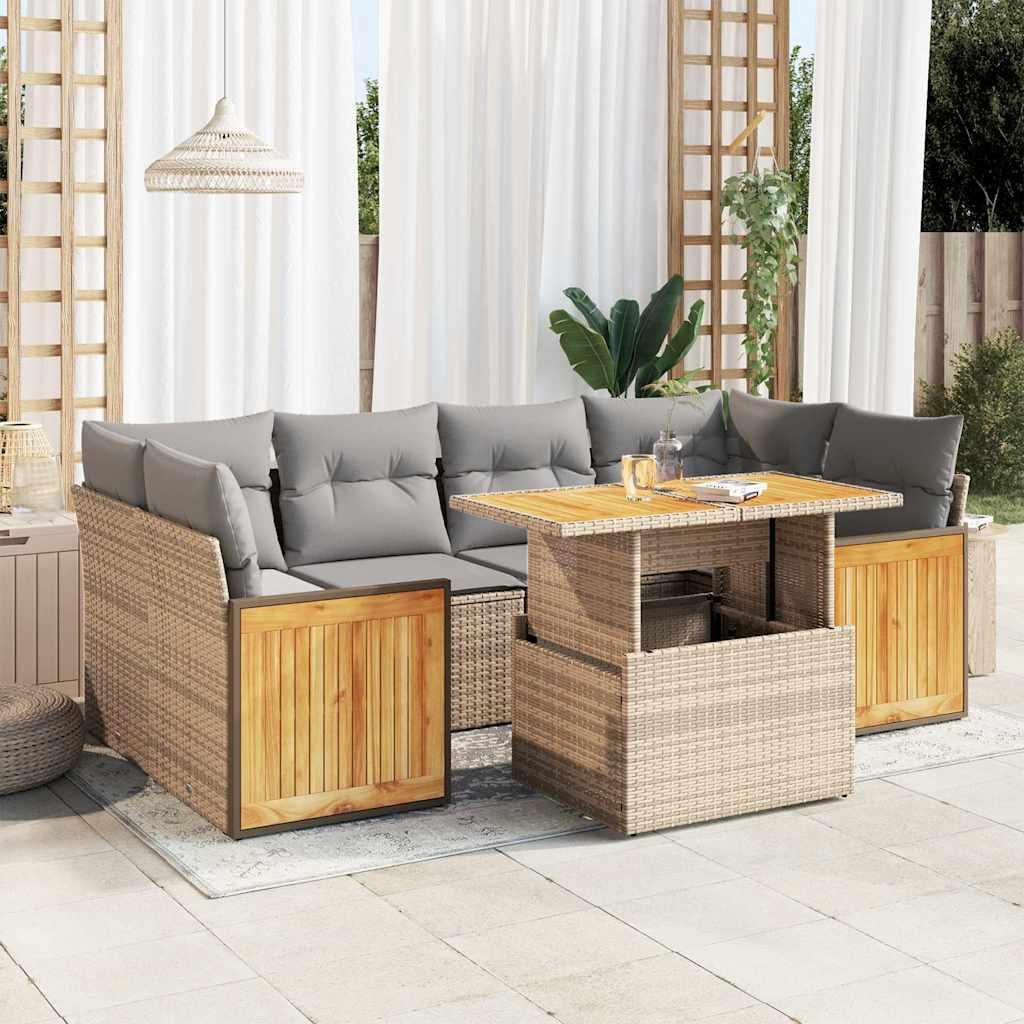 Sofasæt til haven 7 dele med hynder polyrattan akacietræ beige billede