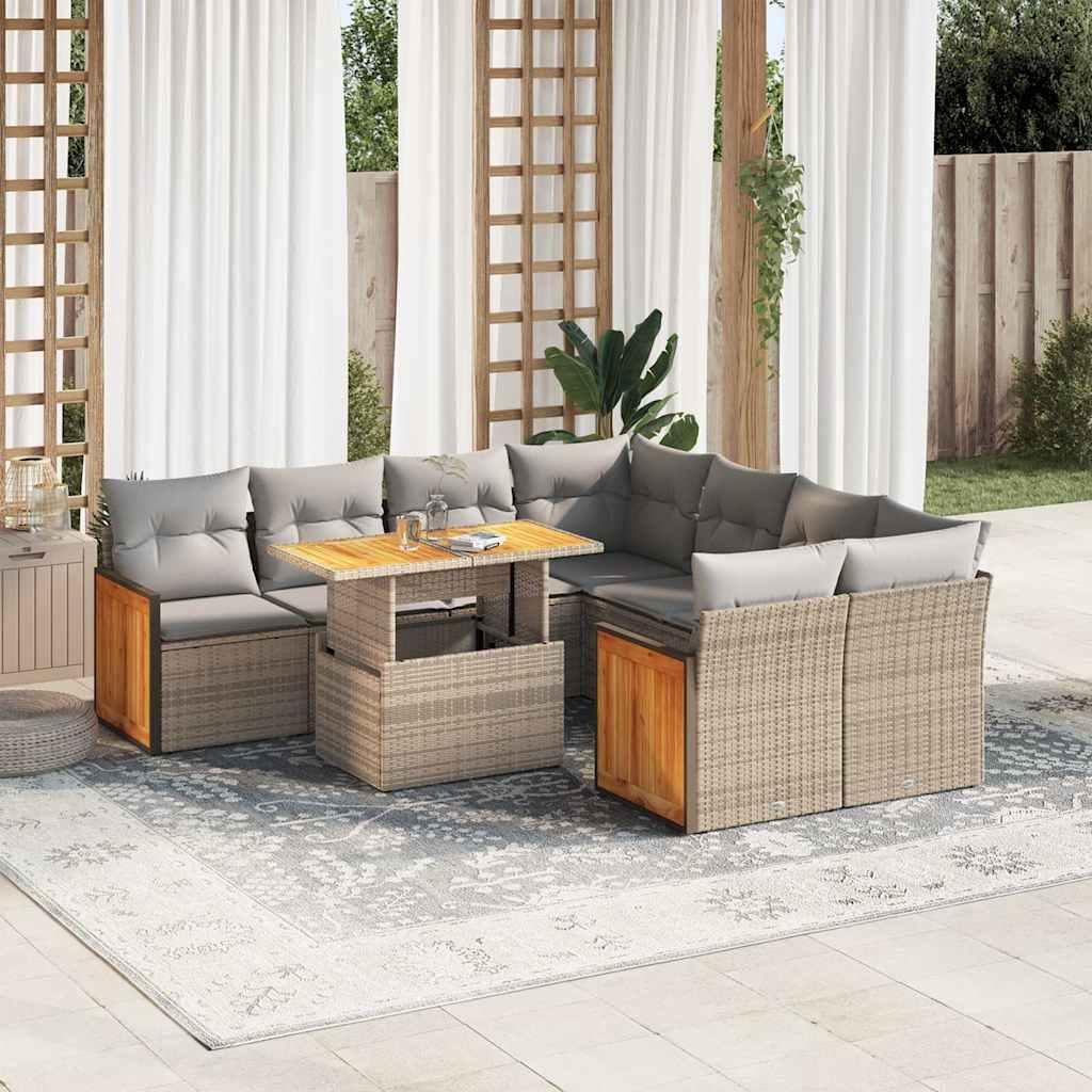 Sofasæt til haven 9 dele med hynder polyrattan akacietræ beige billede