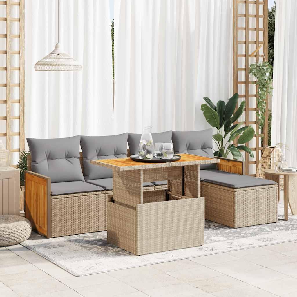 Sofasæt til haven 6 dele med hynder polyrattan akacietræ beige billede