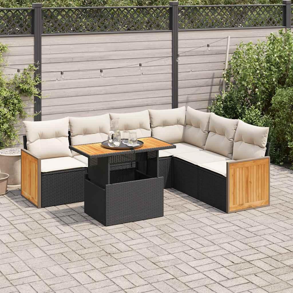 Sofasæt til haven 7 dele med hynder polyrattan akacietræ sort billede