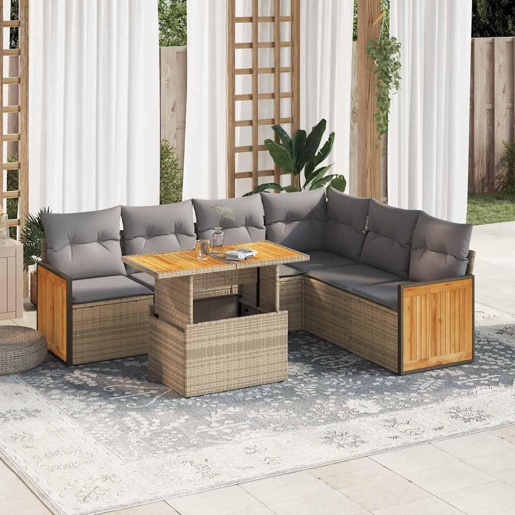 Sofasæt til haven 7 dele med hynder polyrattan akacietræ beige billede