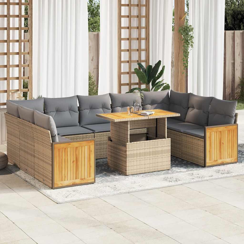 Sofasæt til haven 10 dele med hynder polyrattan akacietræ beige billede