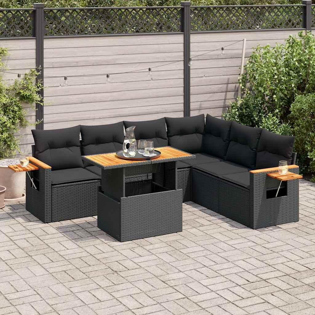Sofasæt til haven 7 dele med hynder polyrattan akacietræ sort billede