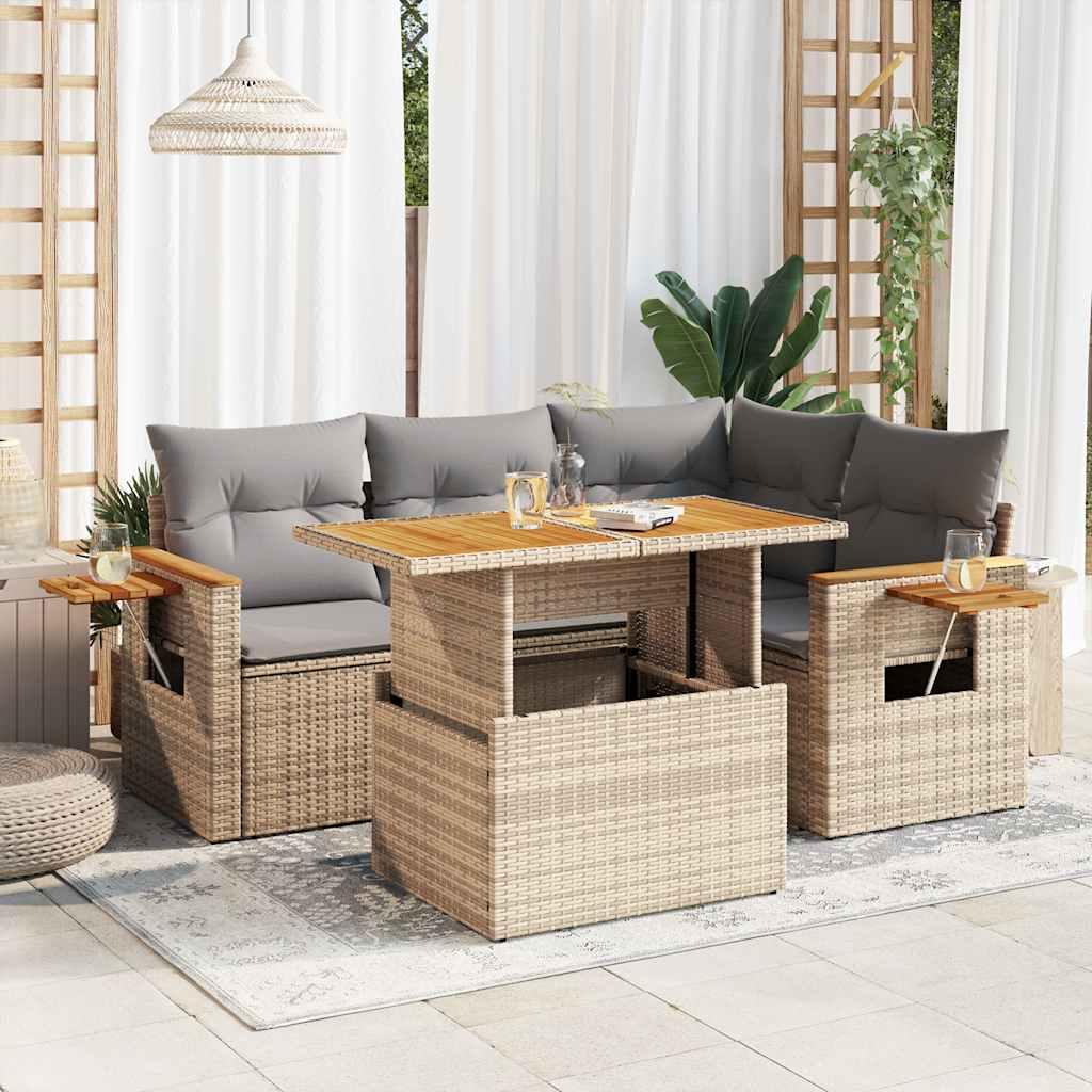 Sofasæt til haven 5 dele med hynder polyrattan og akacie beige billede