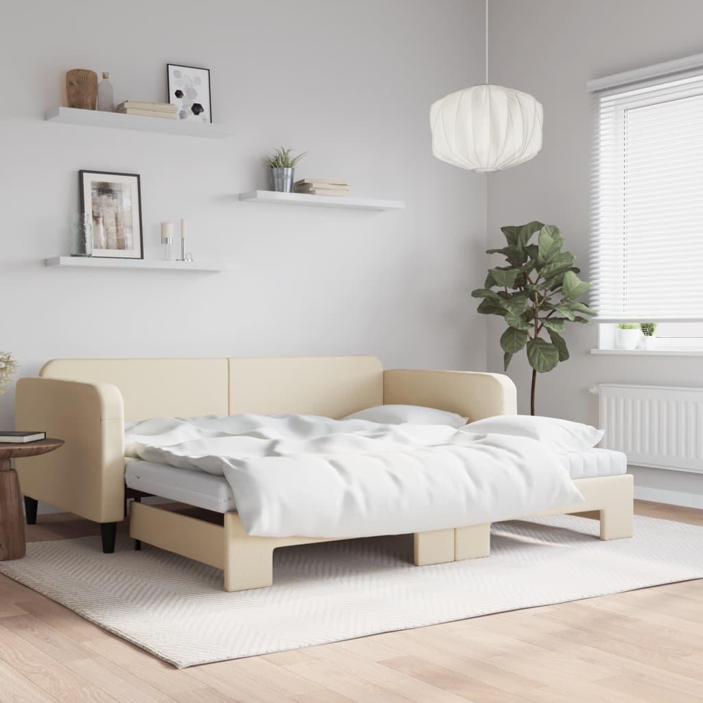 Daybed med udtræk og madras 100x200 cm stof cremefarvet billede