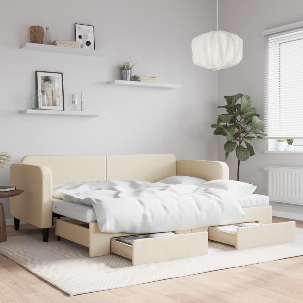 Daybed med udtræk og skuffer 80x200 cm stof cremefarvet billede