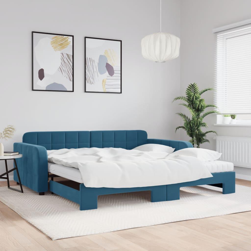 Daybed Velour Blå - med udtræk og madras / 100 x 200 cm
