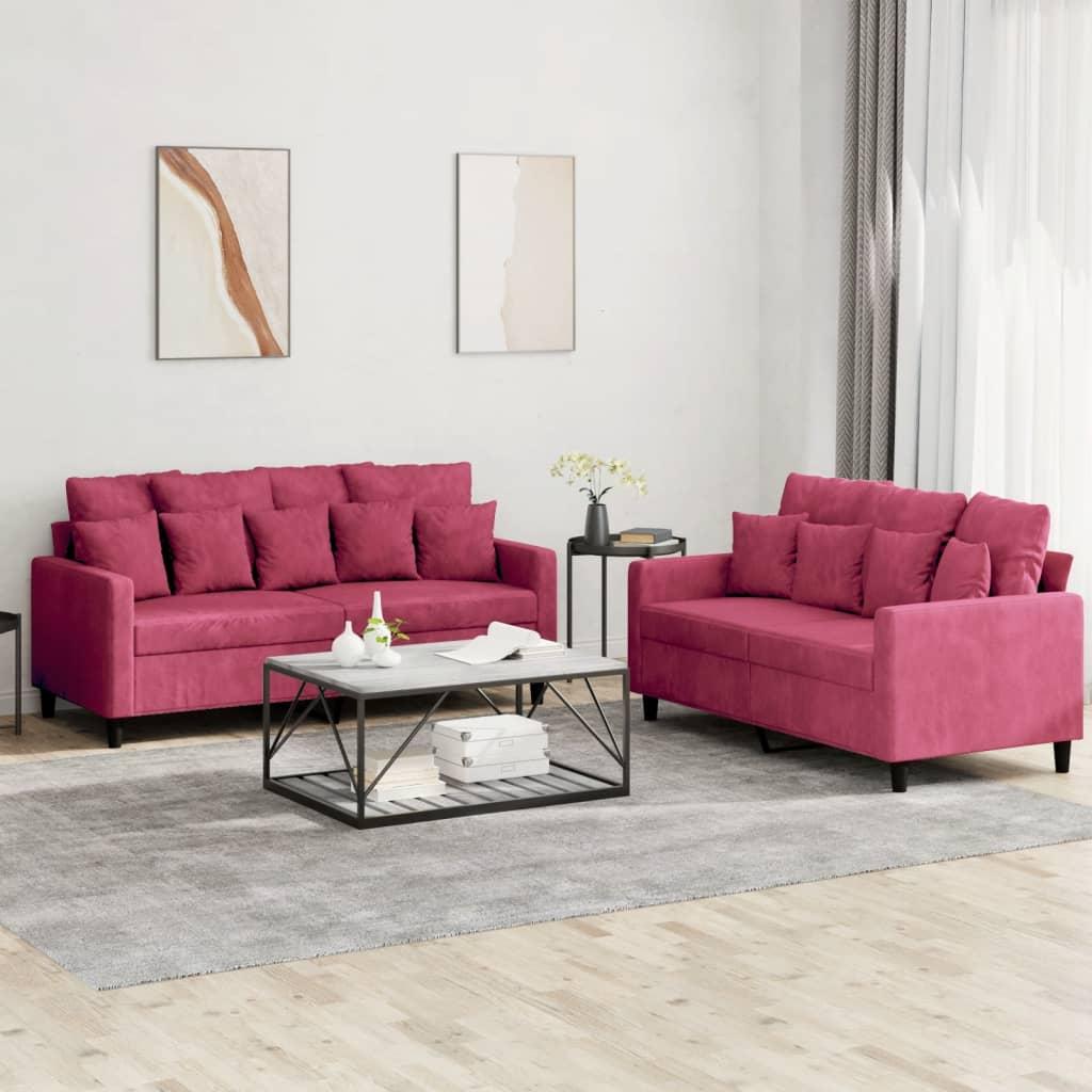 2 personers sofa med hynder velour vinrød