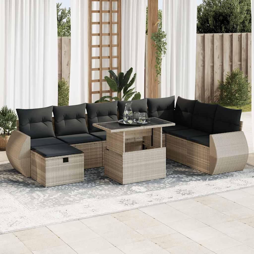 Sofasæt til haven 9 dele med hynder polyrattan lysegrå