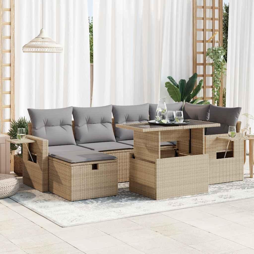 Sofasæt til haven 7 dele med hynder polyrattan beige