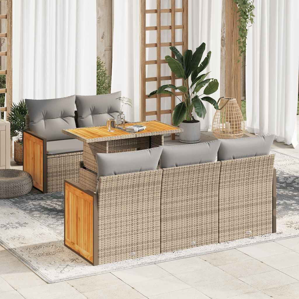 Sofasæt til haven 6 dele med hynder polyrattan akacietræ beige billede