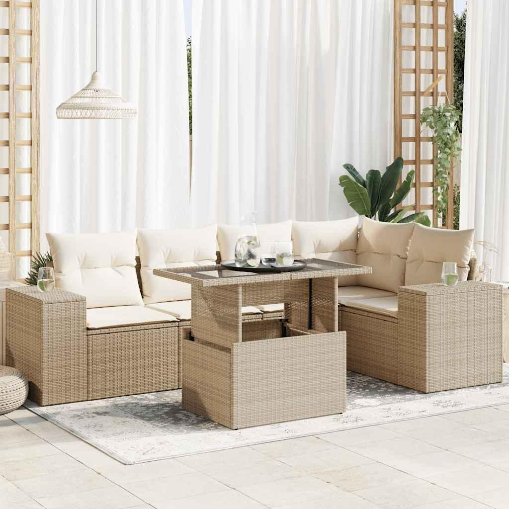 Havesofasæt 6 dele med hynder og opbevaring i polyrattan - beige