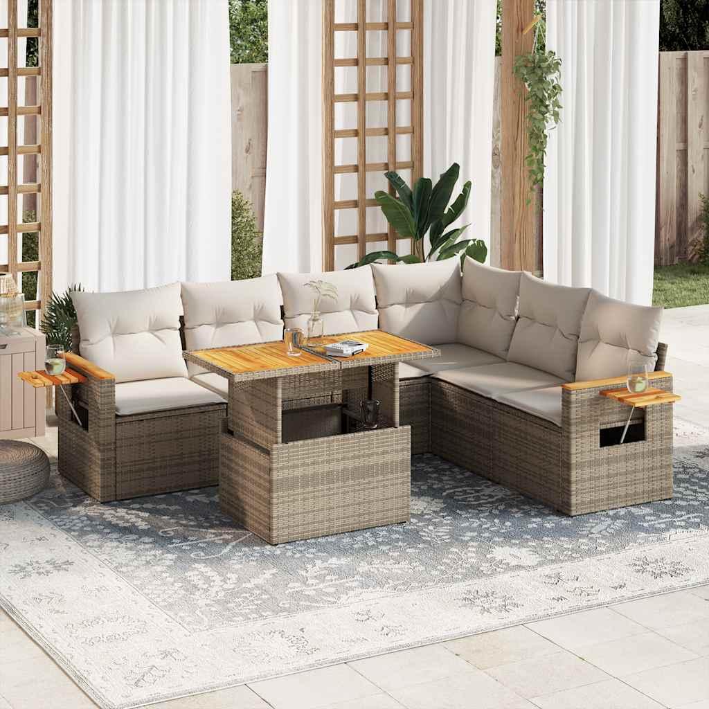 Sofasæt til haven 7 dele med hynder i polyrattan og akacietræ beige